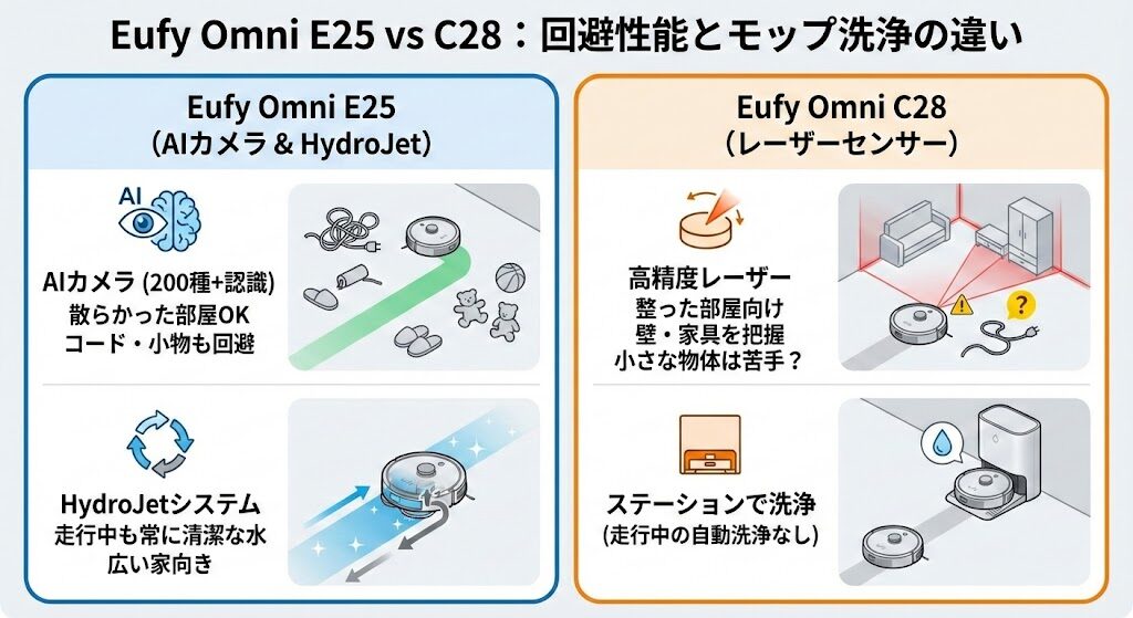 障害物回避と機能の違い｜E25のAIカメラとC28のレーザーセンサー