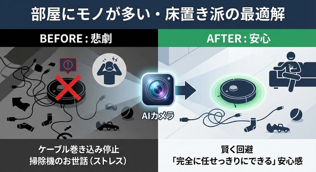 4-2. 部屋にモノが多い・床置きしがちな人への最適解（AIカメラの有無が与える影響）