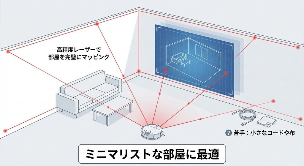 シンプルな部屋での動作：C28の「高精度レーザーセンサー」