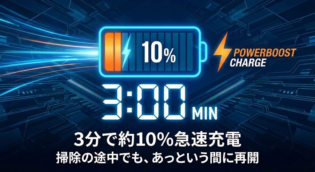 3分で約10%充電できるPowerBoostで広範囲の掃除もスムーズ