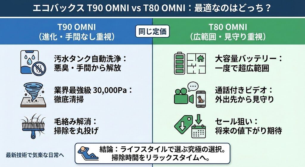 まとめ:エコバックス「T90 OMNI」と「T80 OMNI」の違いを比較して最適なのはどっち?