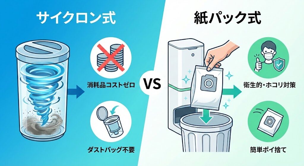 3-1. 【ゴミ収集方式】究極のエコ「サイクロン式」か、王道の「紙パック式」か
