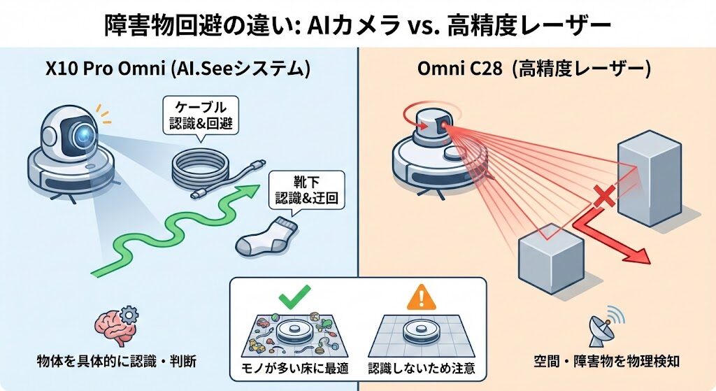 2-4. 【障害物回避の違い】高精度レーザー（Omni C28）とAI.Seeシステム（X10 Pro Omni）の賢さ比較