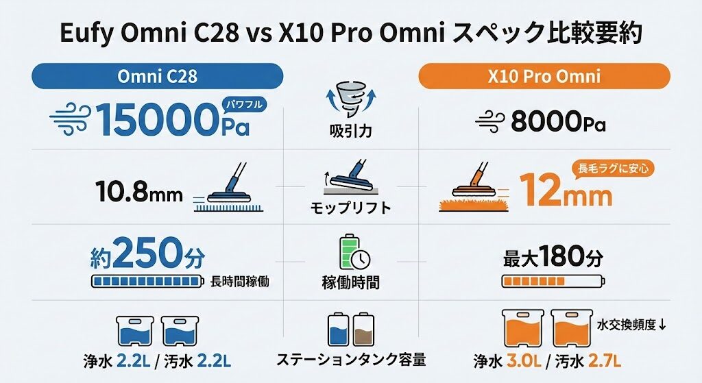 3. 【スペック比較表】アンカー Eufy Robot Vacuum Omni C28 vs X10 Pro Omni